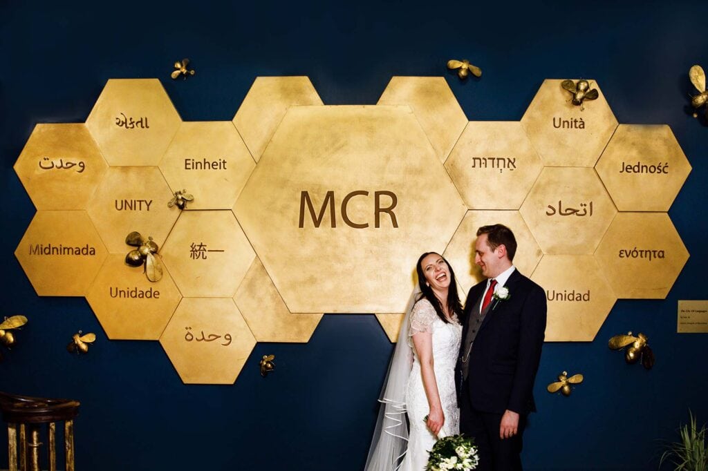 Manchester Hall Hotel Wedding Photographer with Bride and Groom in the entrance hall