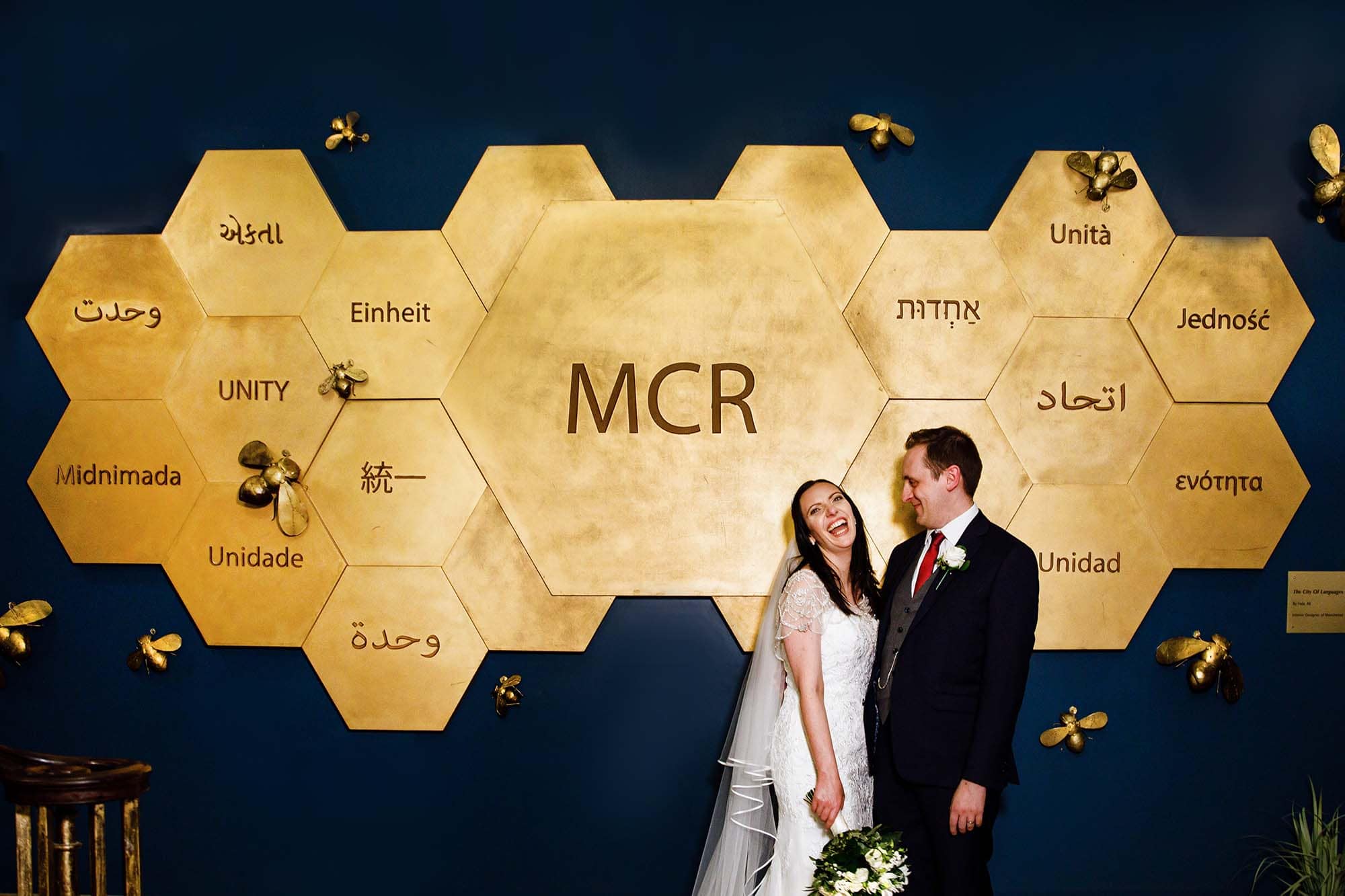 Manchester Hall Hotel Wedding Photographer with Bride and Groom in the entrance hall