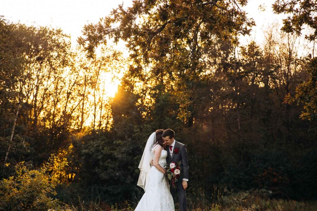 Rivington Barn Wedding Photographer with Bride and Groom at Sunset
