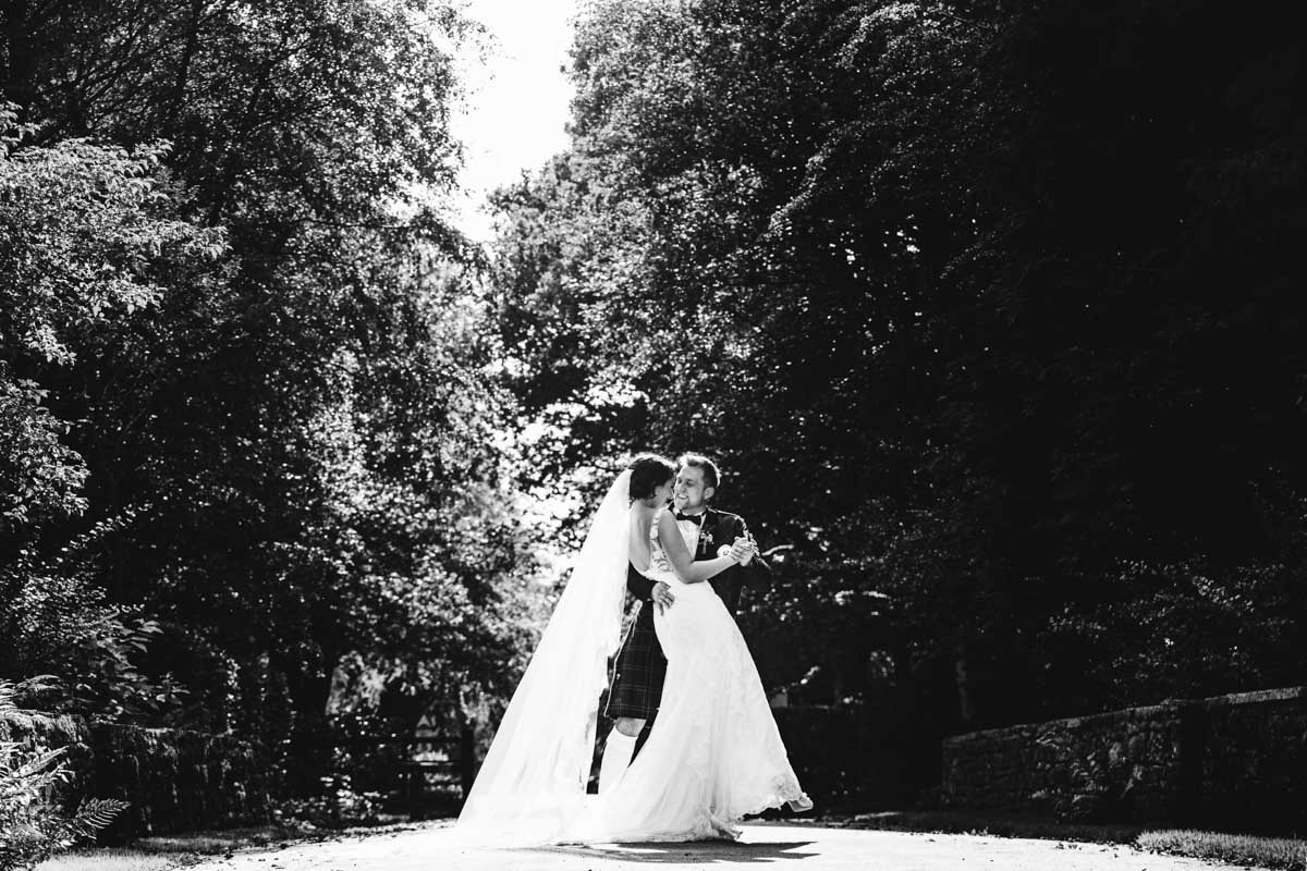 bride and groom at rivington barn bolton