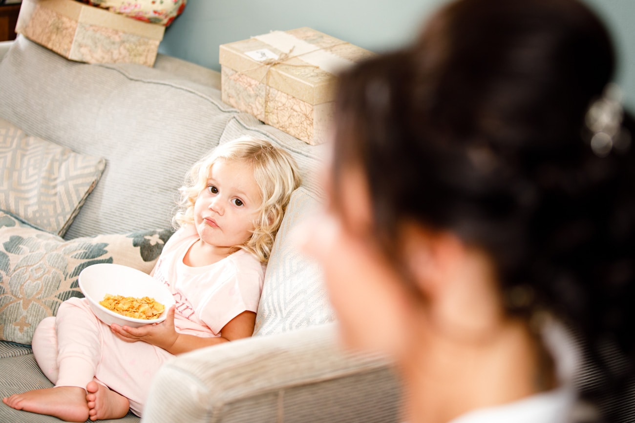 brides daughter during bridal prep