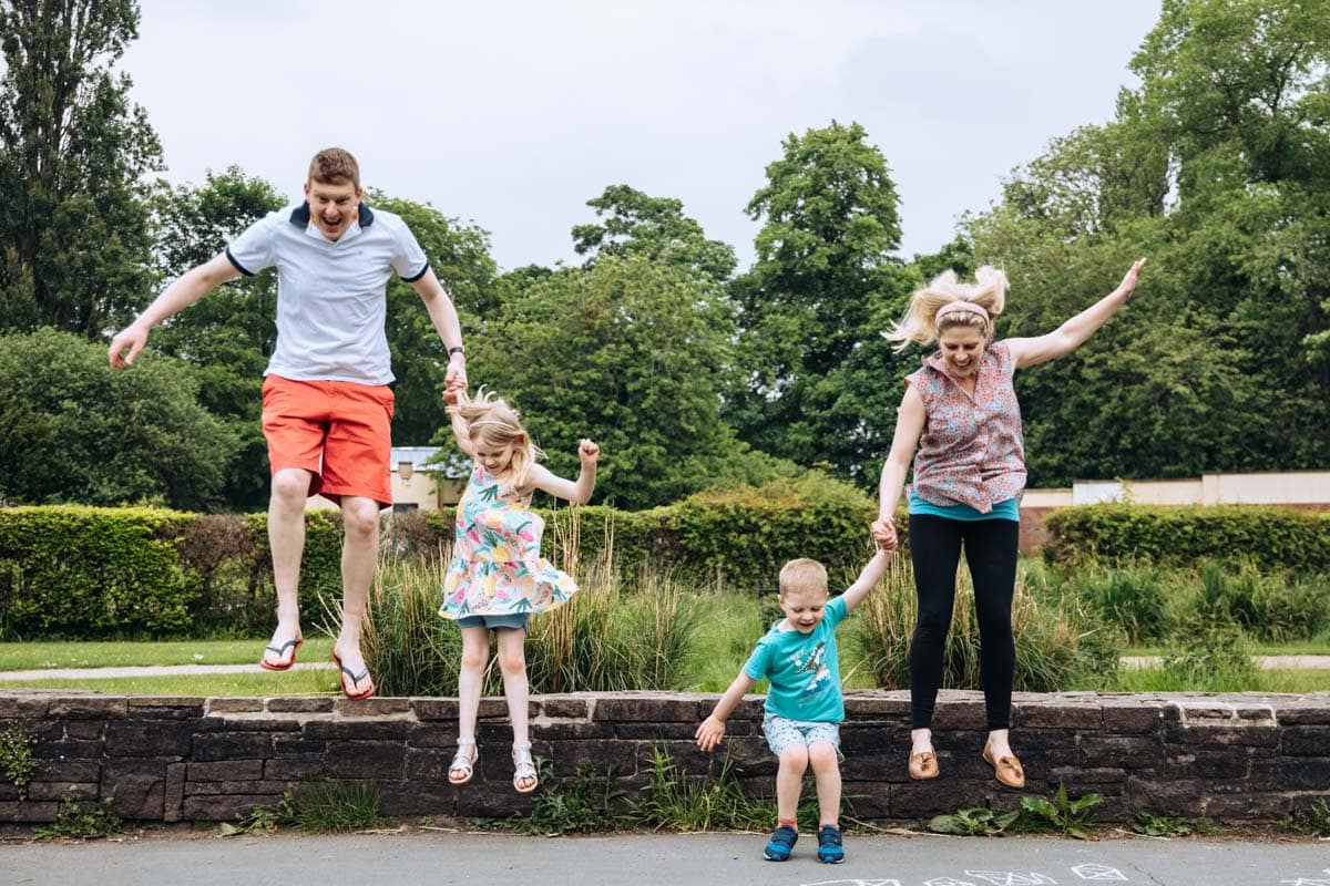 Family jumping for picture