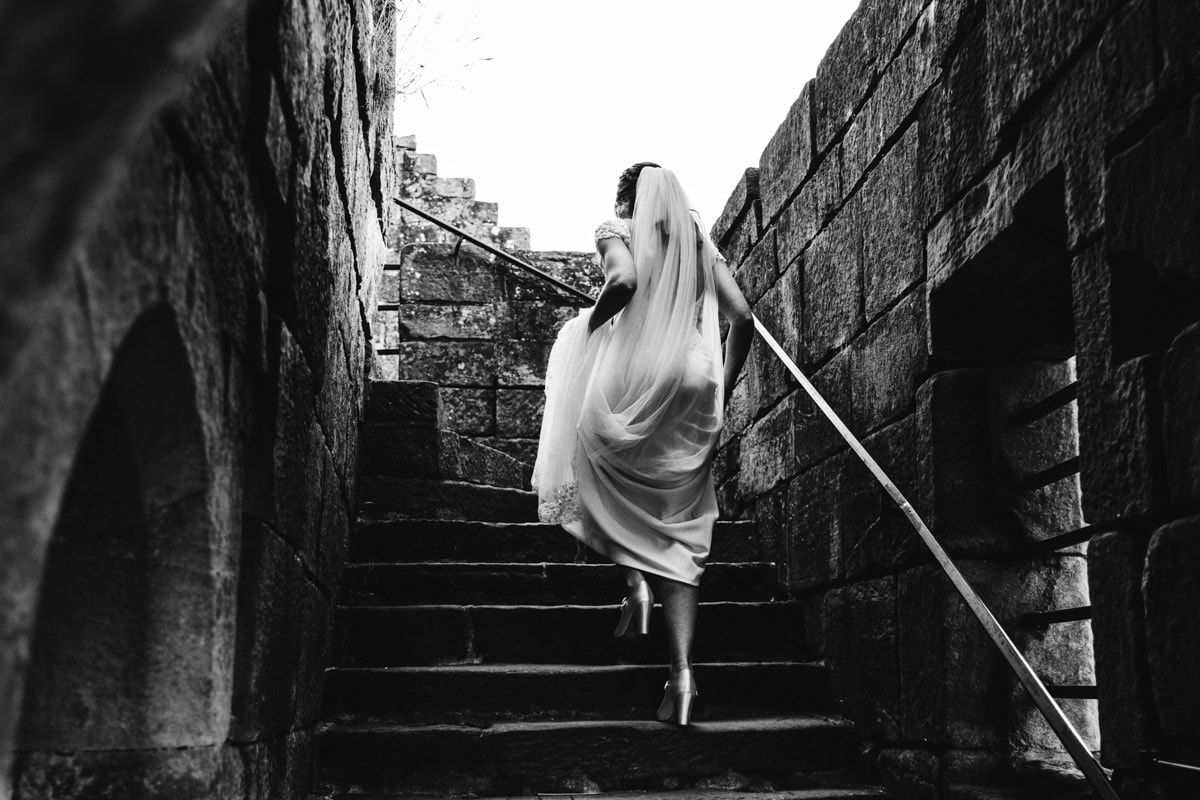 bride on the stairs at danby castle