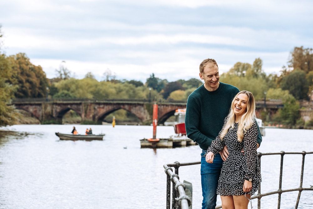 Glen and sophie on their engagement photoshoot in chester by the river