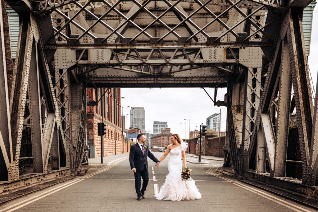 Titanic Hotel Wedding Photography bride and groom on the old iron bridge outside the Titanic Hotel Liverpool