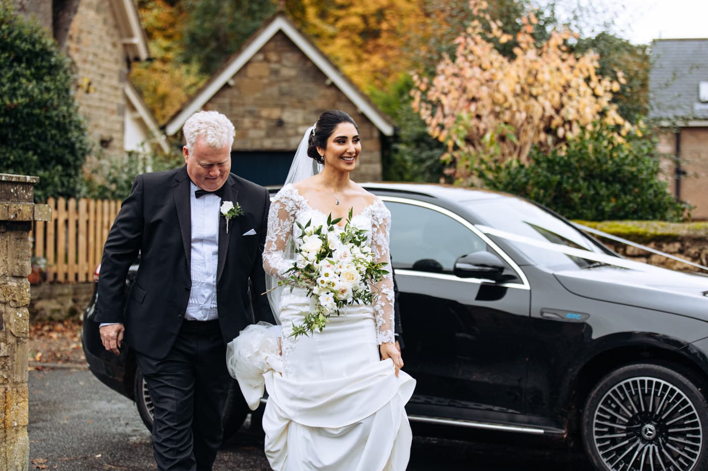 bride arriving at the chapel at eshott hall