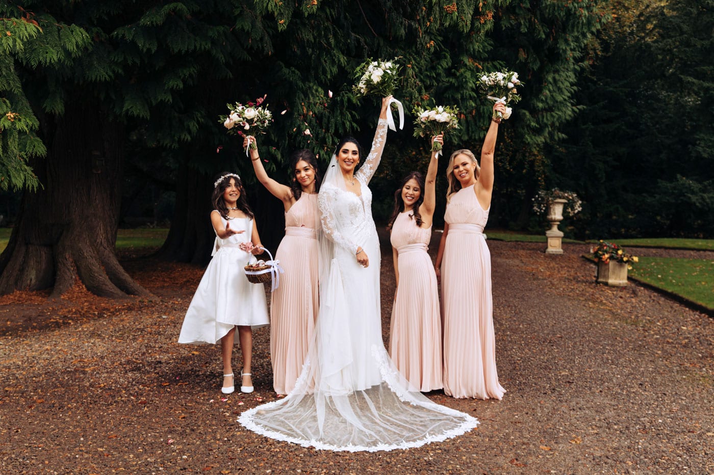 bridal party group photographs at eshott hall during their wedding day photography