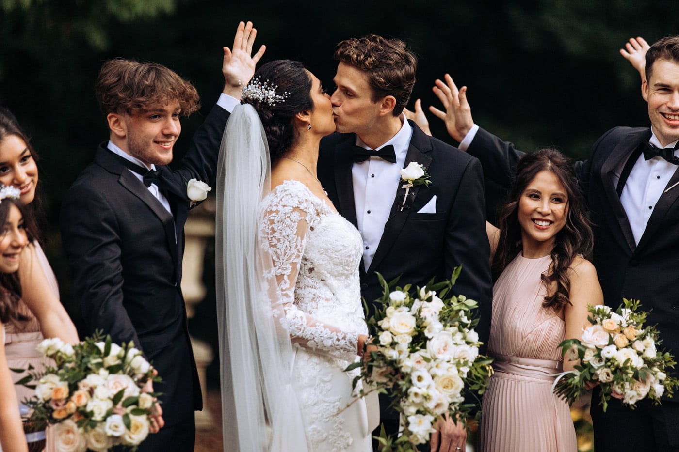 bridal party group photographs at eshott hall during their wedding day photography