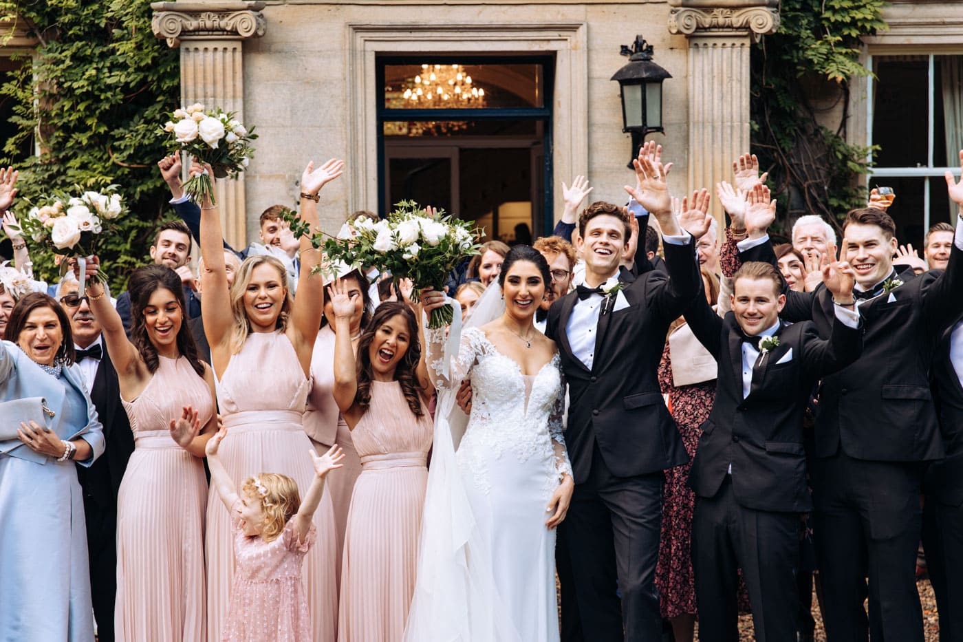 bridal party group photographs at eshott hall during their wedding day photography