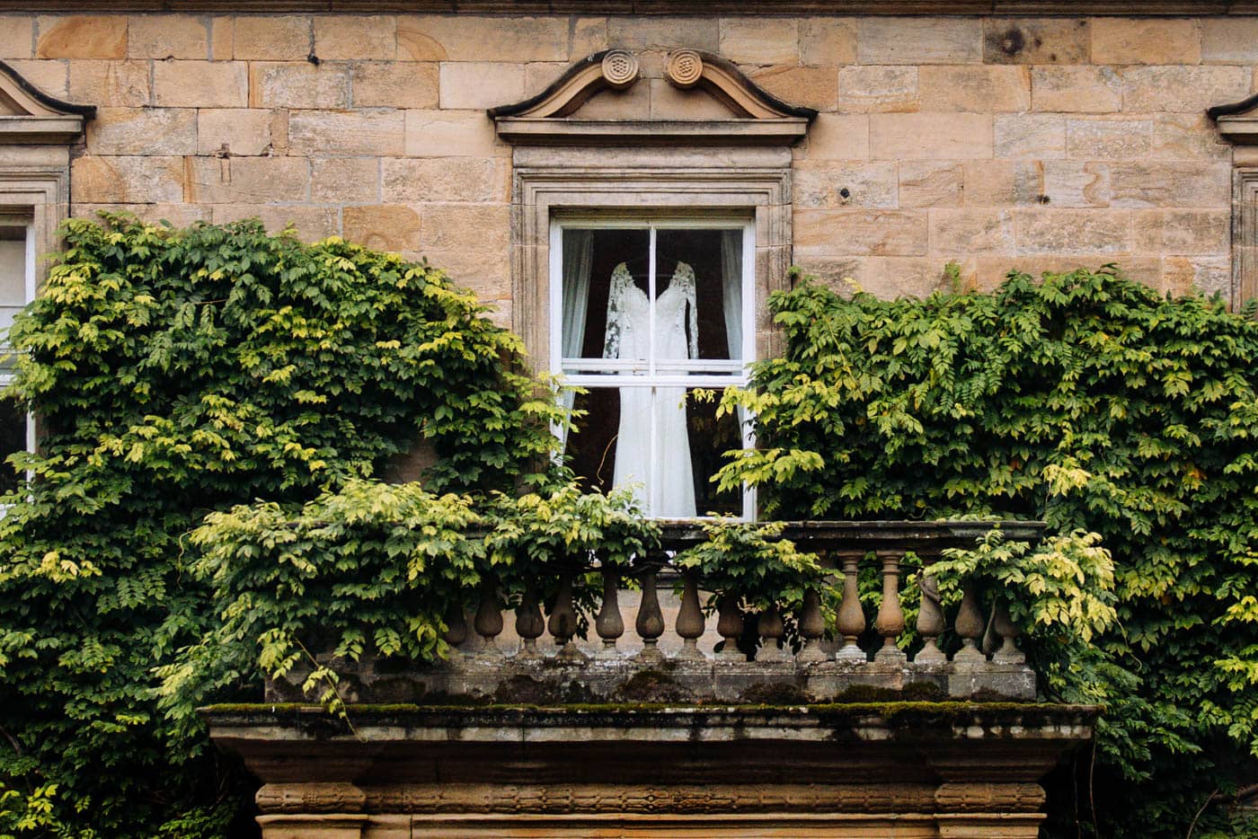 bridal gown in the window at eshott hall