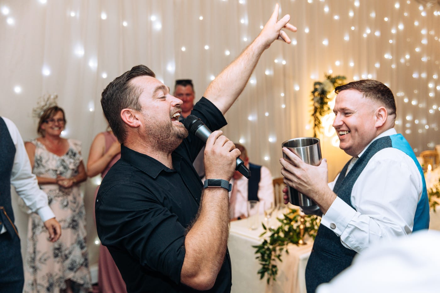 dancing during the wedding breakfast with an entertainer at heaton house farm
