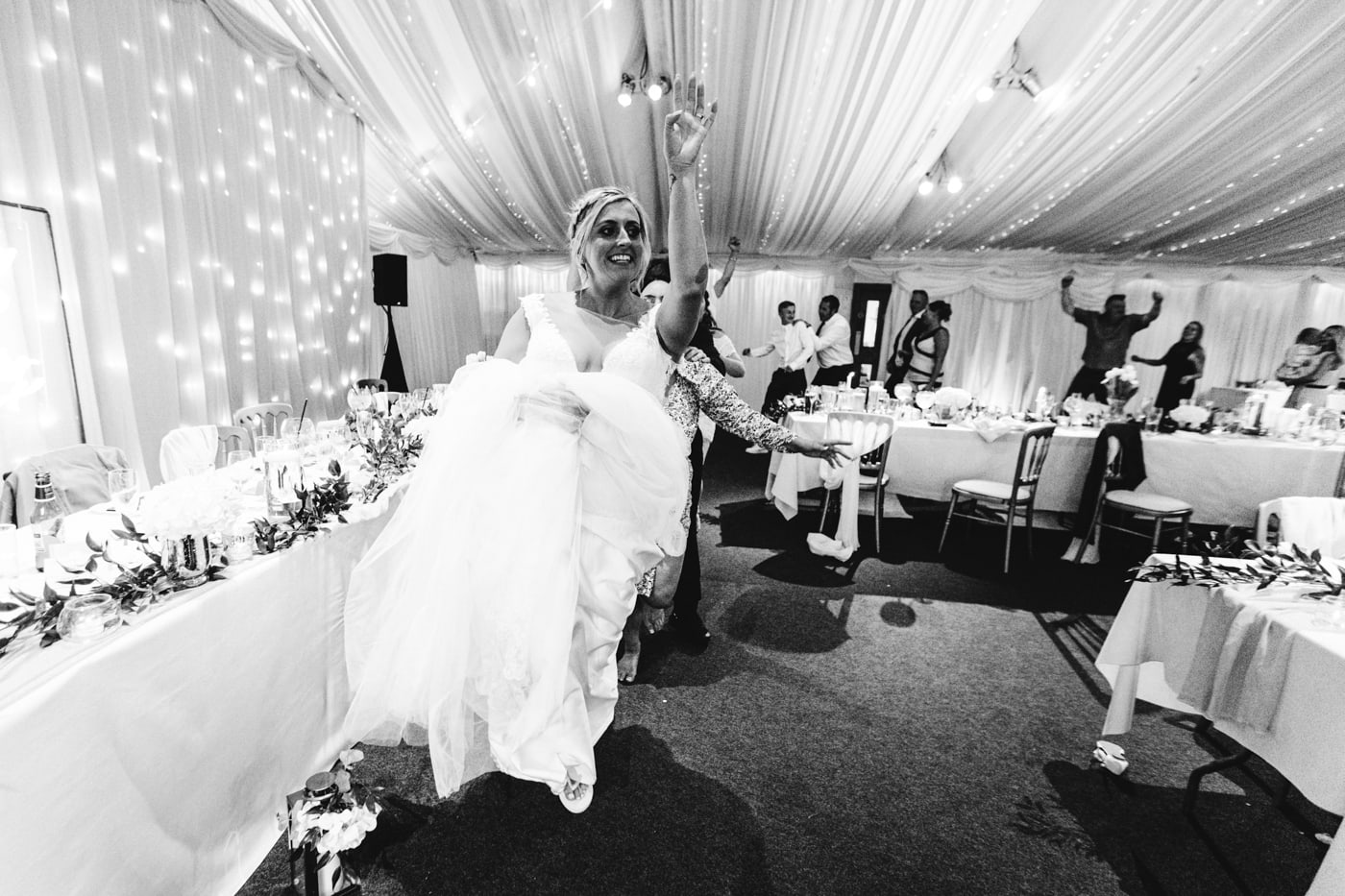 dancing during the wedding breakfast with an entertainer at heaton house farm