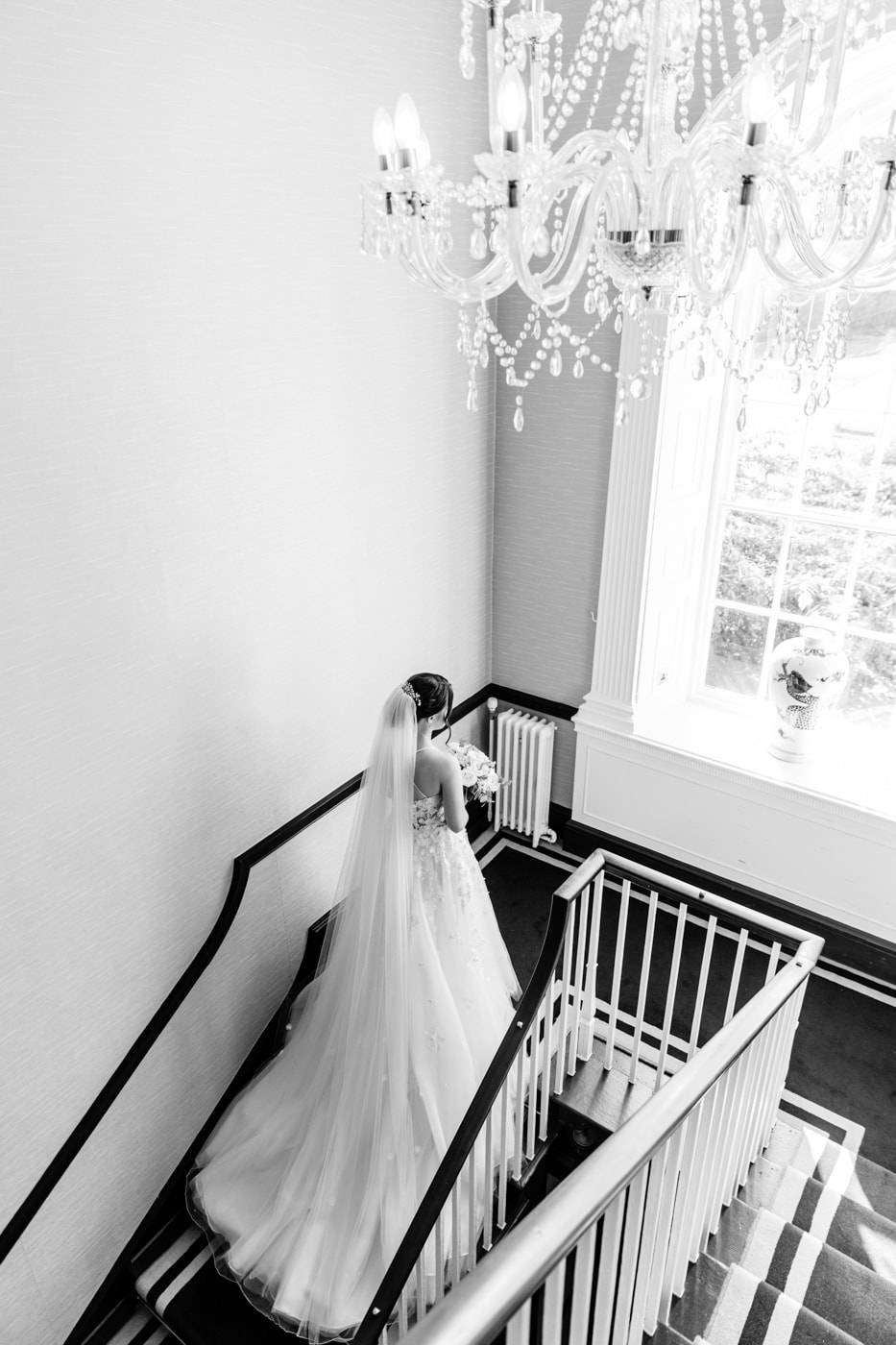 Staircase at Mottram Hall is good for bridal portraits