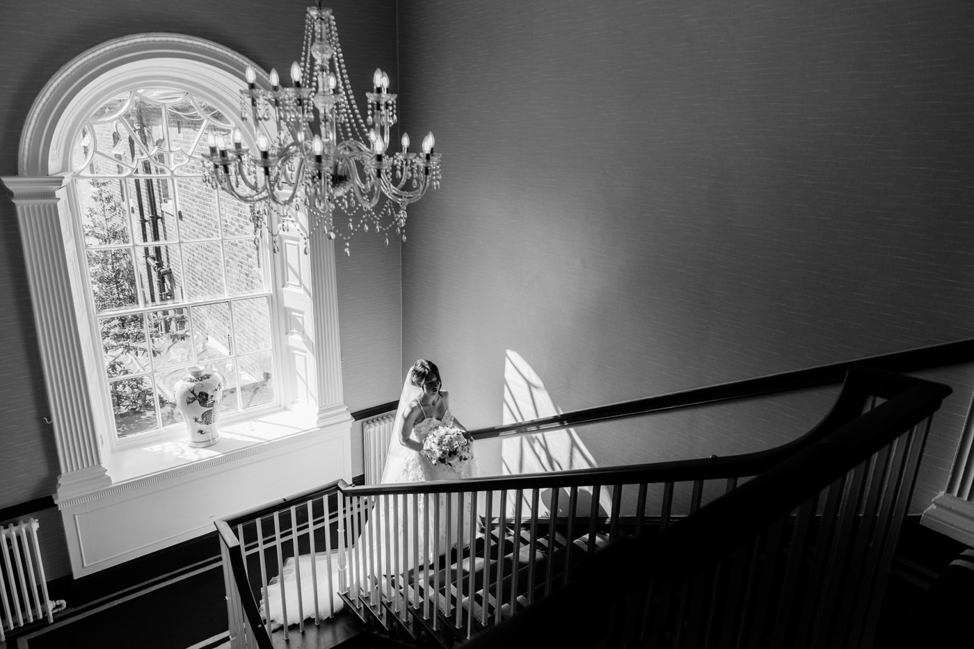 Staircase at Mottram Hall is good for bridal portraits