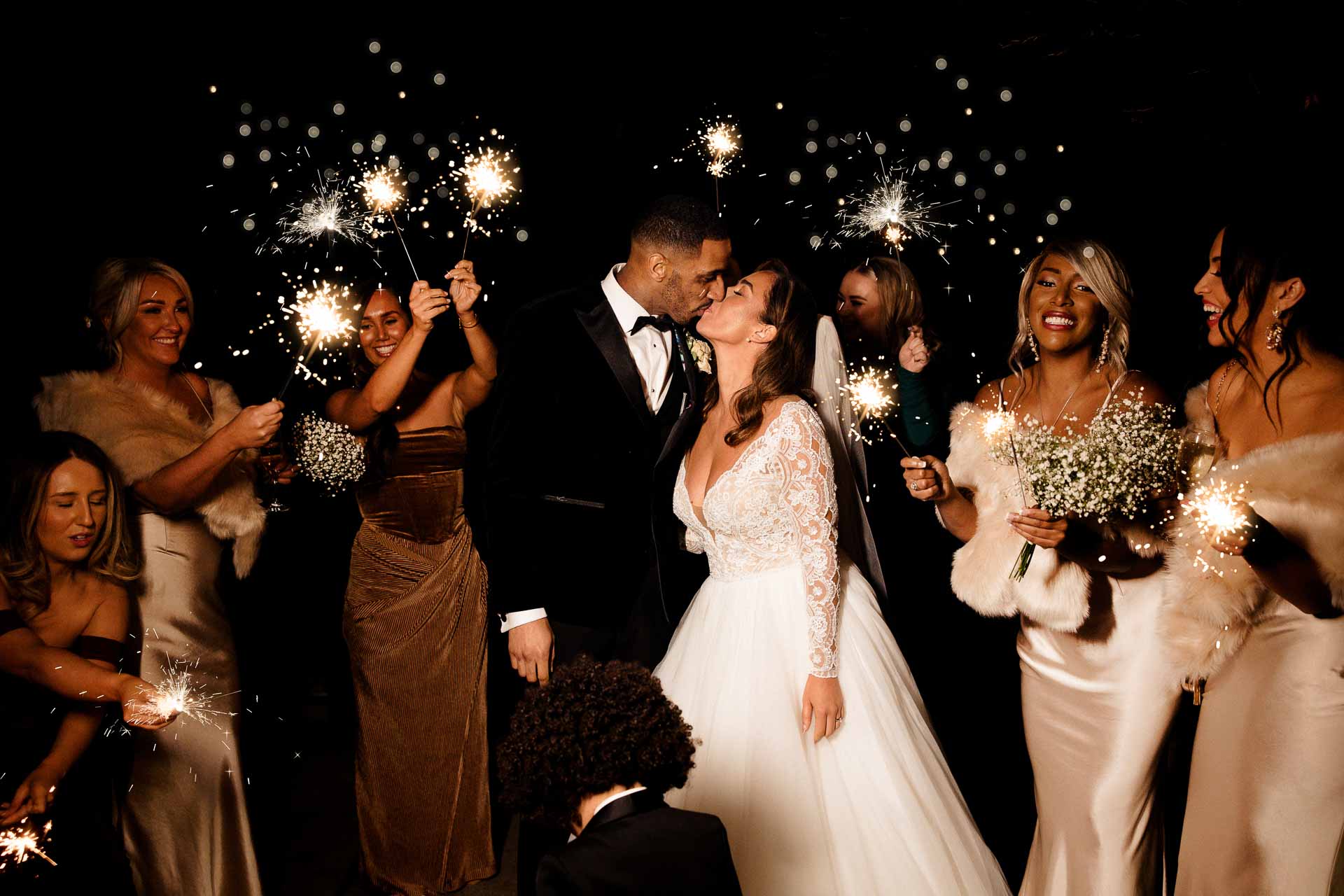 sparklers and fireworks at a wedding at the oak tree peover in cheshire