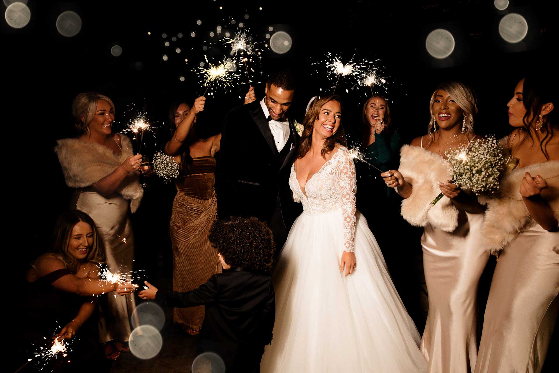 sparklers and fireworks at a wedding at the oak tree peover in cheshire